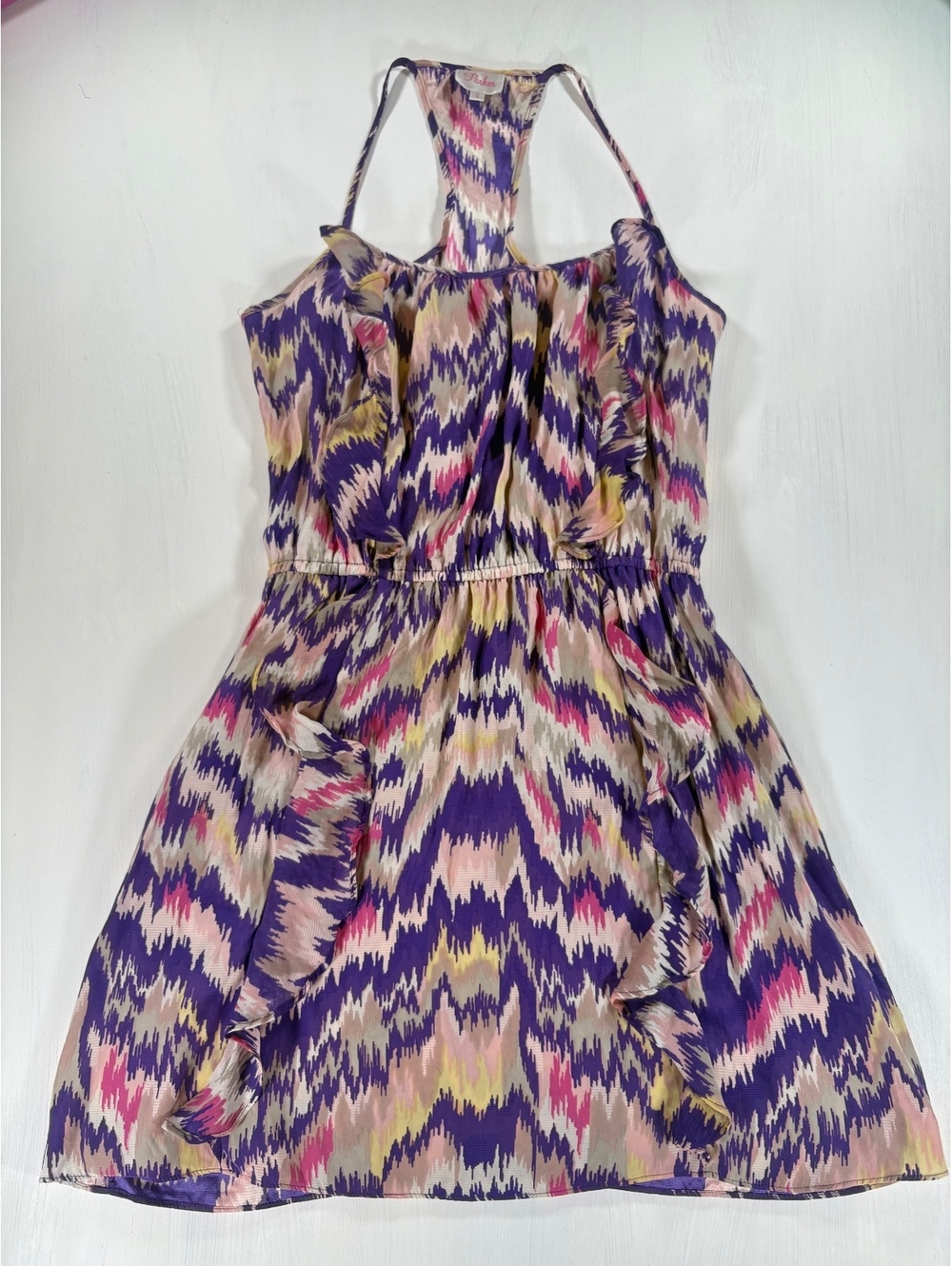 Parker 100% Silk Abstract Ruffle Dress | Purple & Pink | Size S